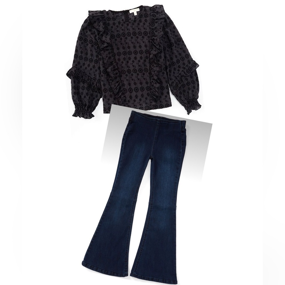 Chelsea & Violet Girls Long Puffed Sleeve Top & Flared Jeans